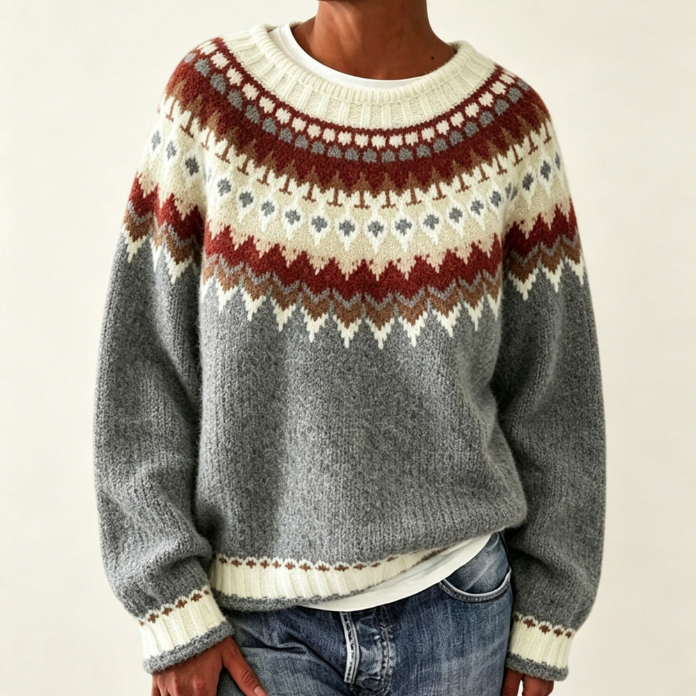 Halvorsen Fair Isle jacquard crew neck sweater in heather gray with burgundy pattern, front view