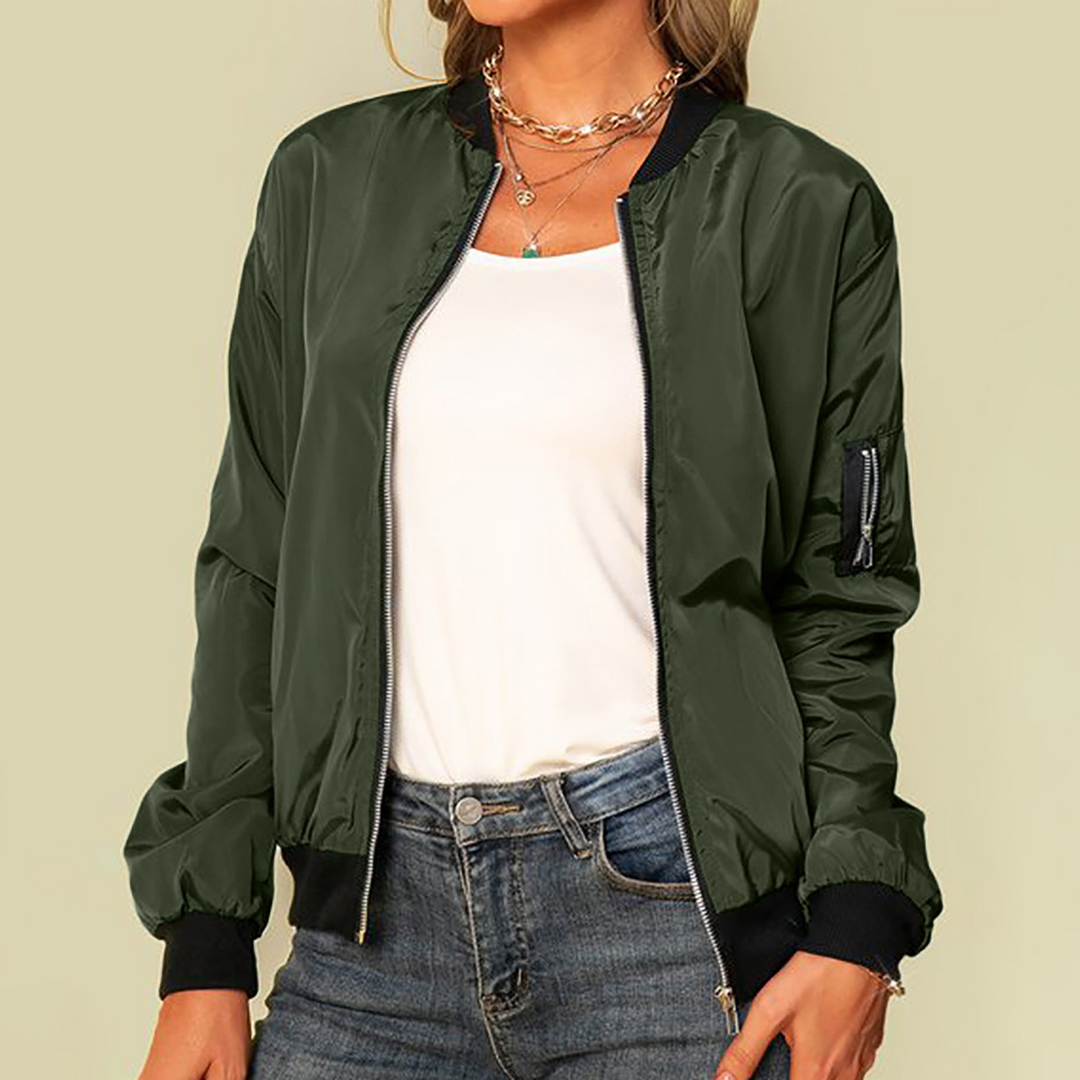 Harlow casual zip-up bomber jacket in green, front view with ribbed collar and cuffs