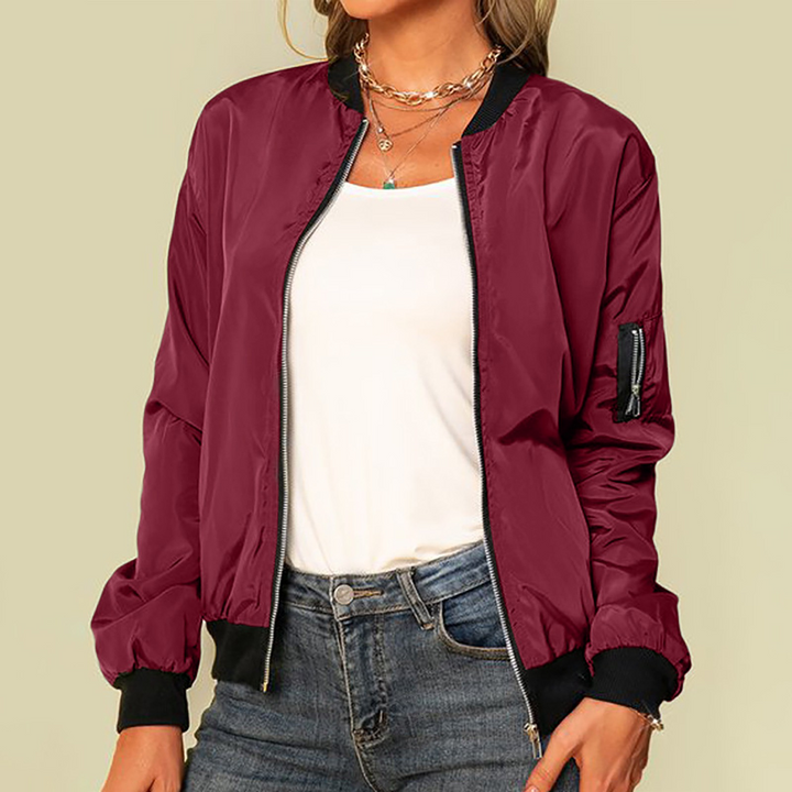 Harlow casual zip-up bomber jacket in burgundy, front view with sleeve zip pocket