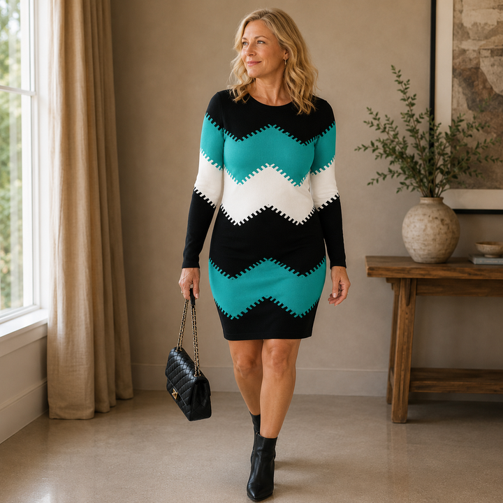 Harlow chevron knit sweater dress in teal, black and white, front view