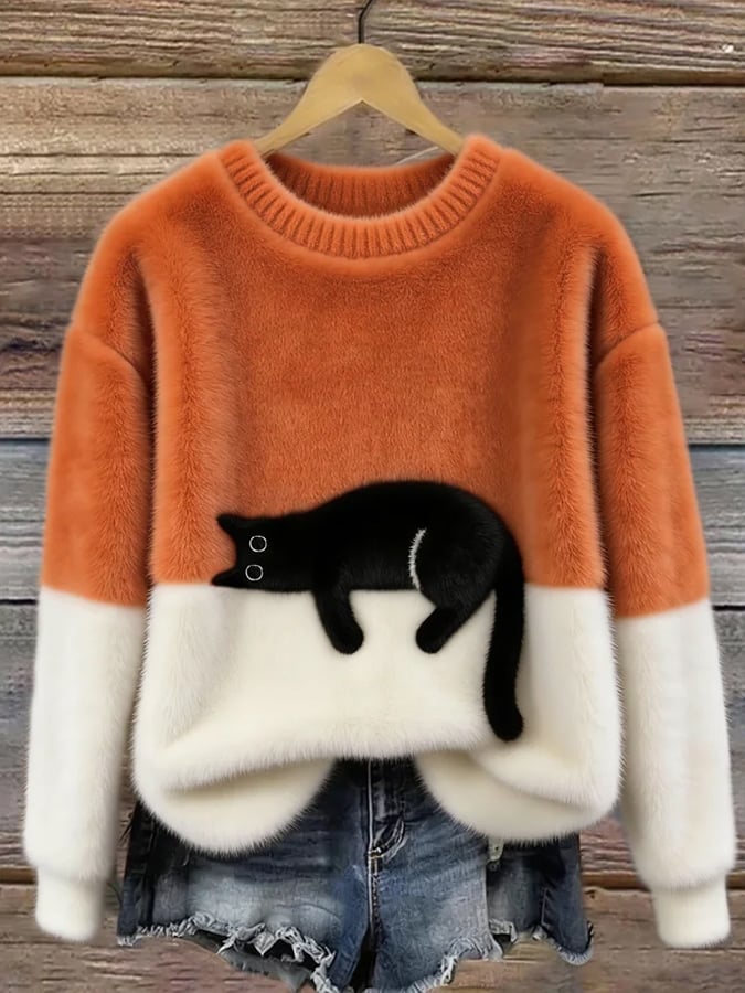 Harlow colorblock cat graphic crew neck sweater in orange and white, front view