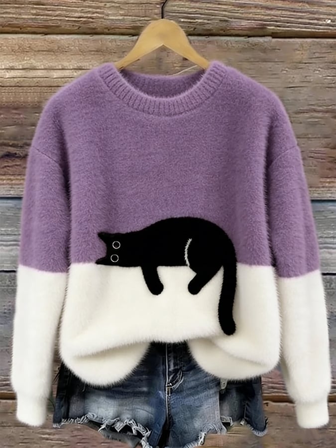 Harlow colorblock cat graphic crew neck sweater in purple and white, front view
