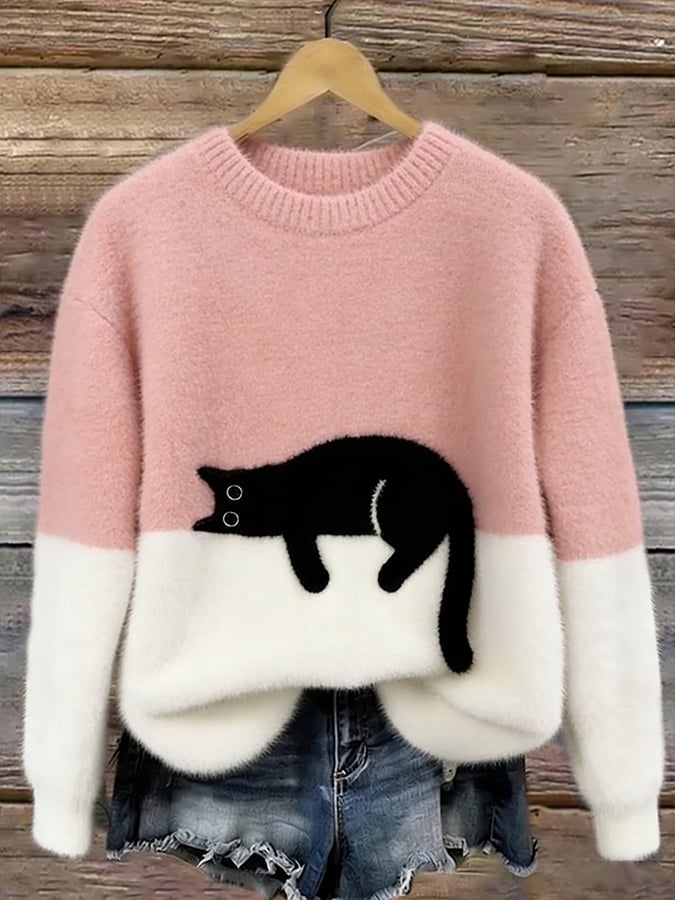 Harlow colorblock cat graphic crew neck sweater in pink and white, front view