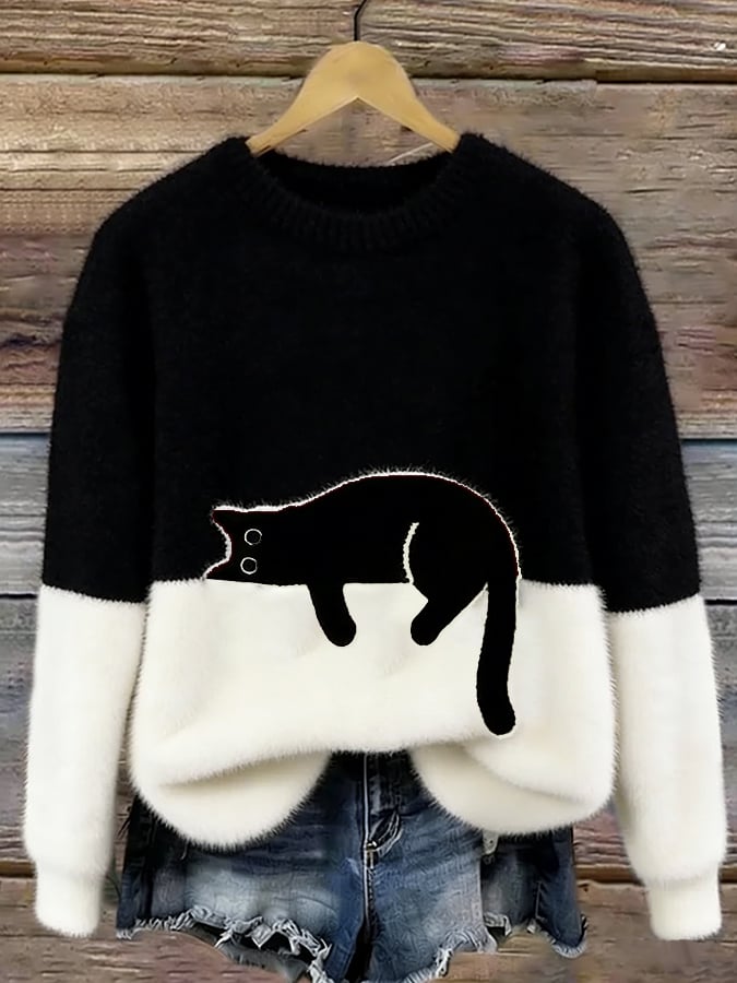 Harlow colorblock cat graphic crew neck sweater in black and white, front view