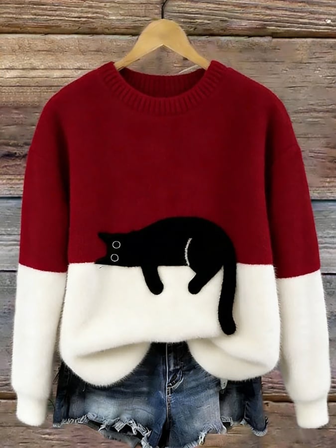 Harlow colorblock cat graphic crew neck sweater in red and white, front view