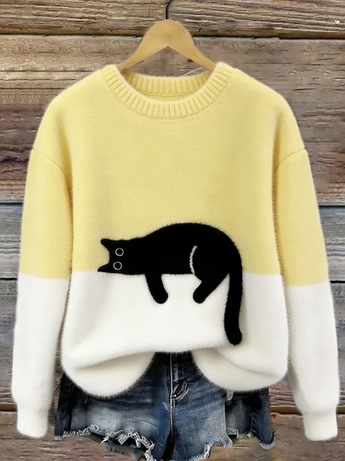 Harlow colorblock cat graphic crew neck sweater in yellow and white, front view