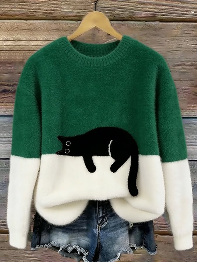 Harlow colorblock cat graphic crew neck sweater in green and white, front view