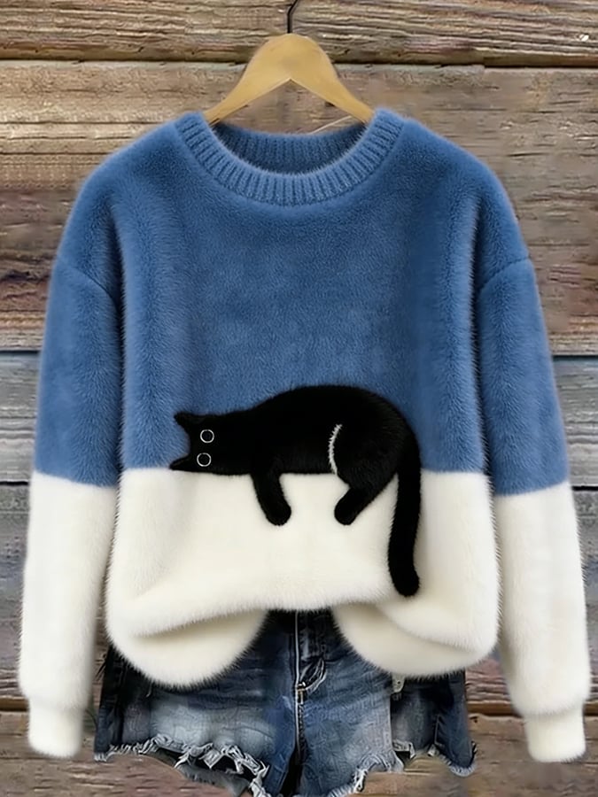 Harlow colorblock cat graphic crew neck sweater in blue and white, front view