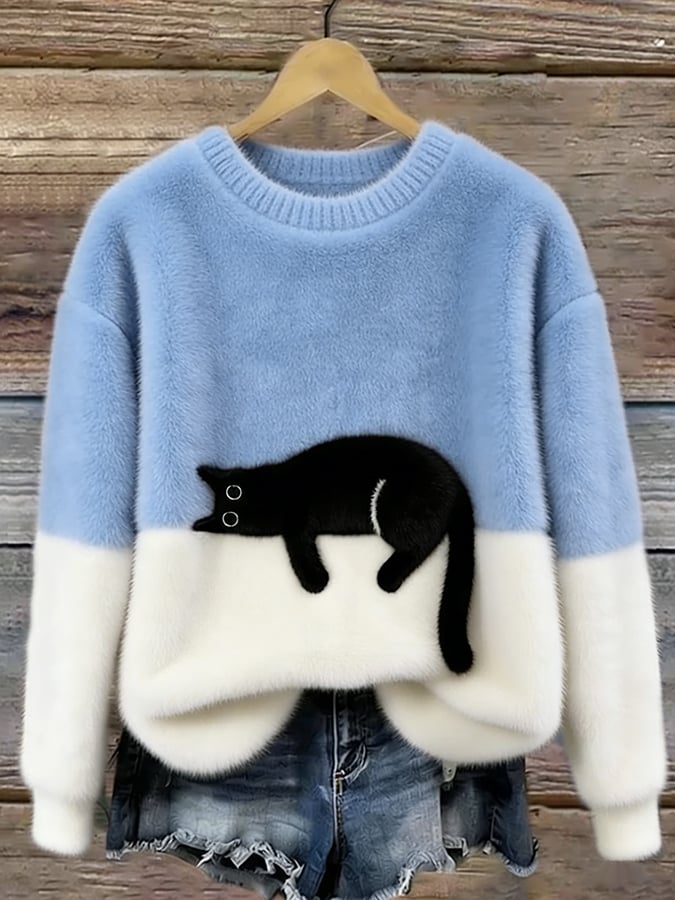 Harlow colorblock cat graphic crew neck sweater in light blue and white, front view