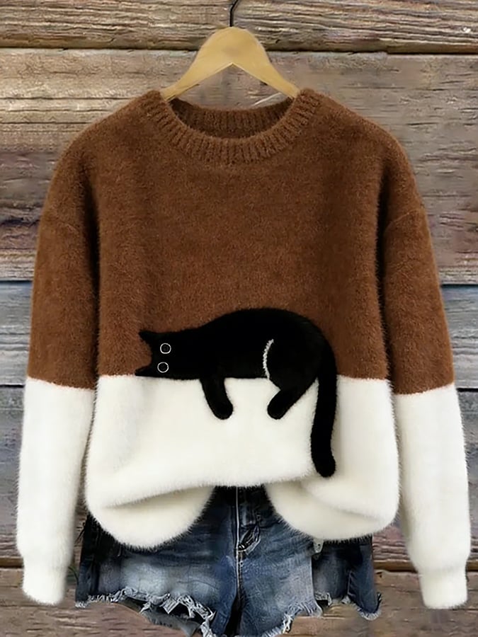 Harlow colorblock cat graphic crew neck sweater in brown and white, front view