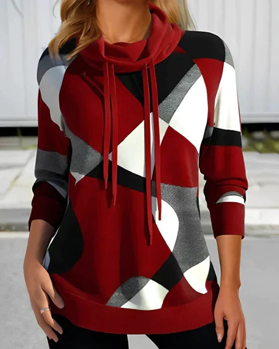 Harlow geometric cowl neck long sleeve tunic hoodie in red, front view