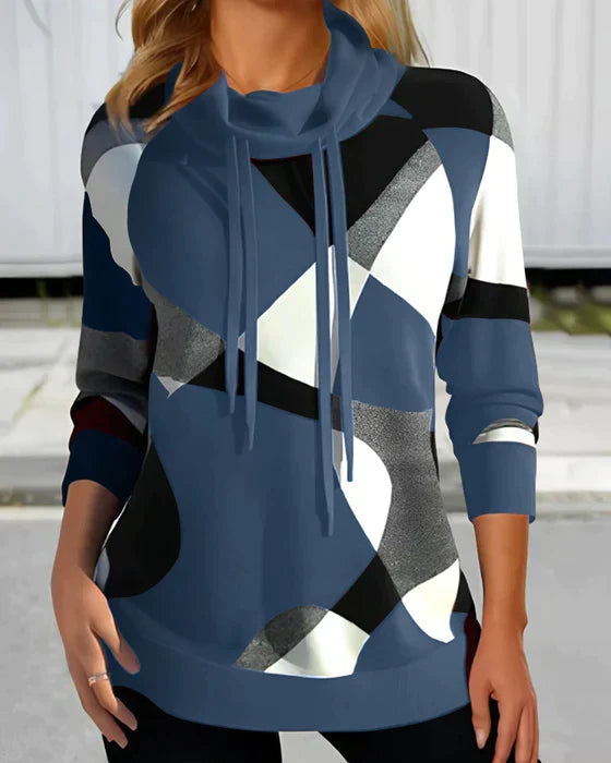 Harlow geometric cowl neck long sleeve tunic hoodie in blue, front view