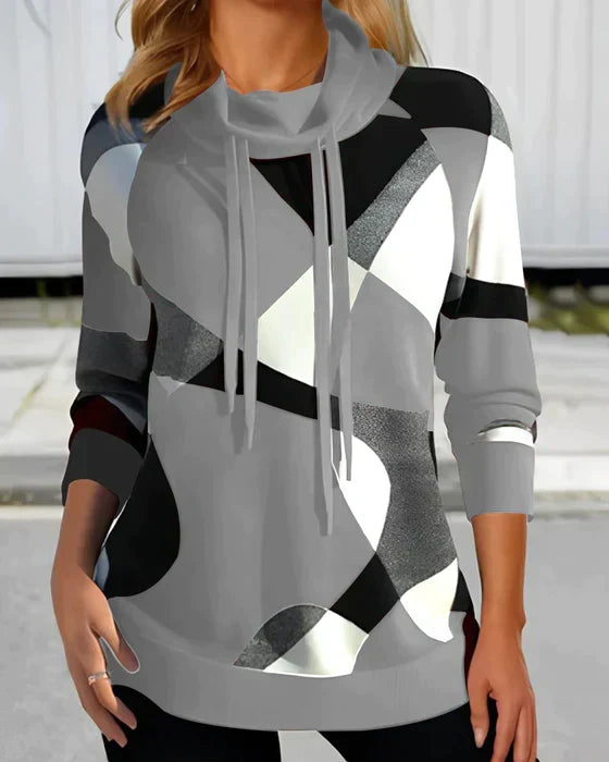 Harlow geometric cowl neck long sleeve tunic hoodie in gray, front view