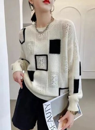 Harlow oversized patchwork crew neck sweater in cream, front view