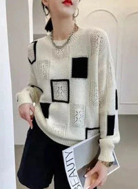 Harlow | Women's Oversized Checkered Crew Neck Sweater