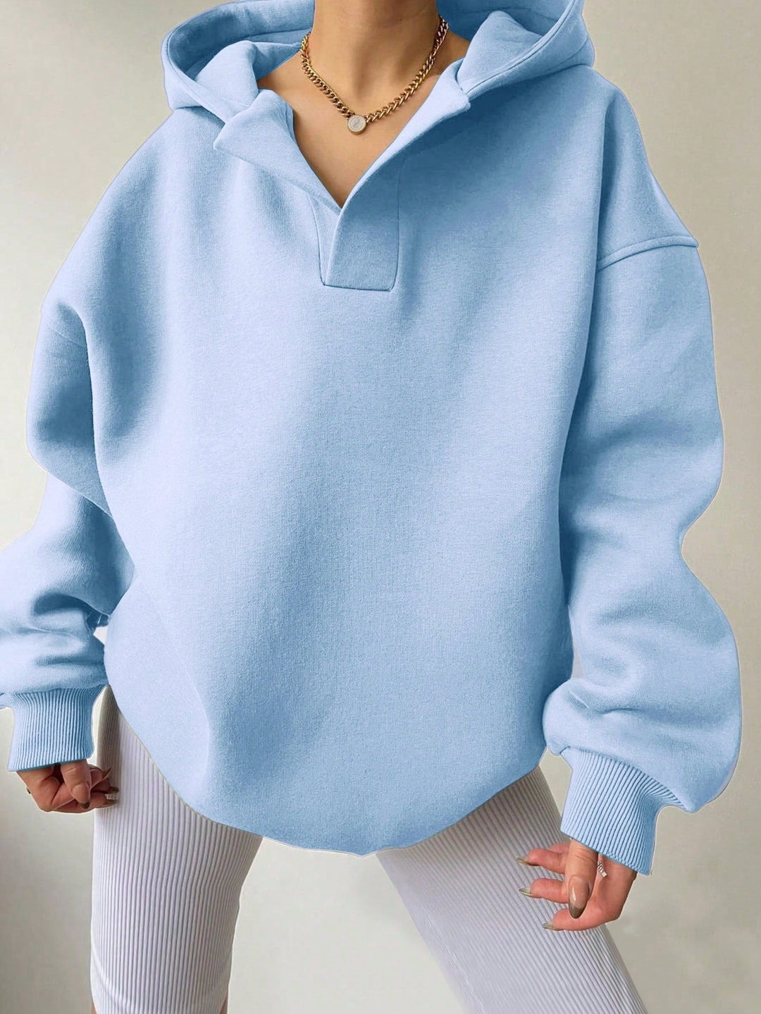 Harlow oversized collared hoodie in light blue, front view close-up