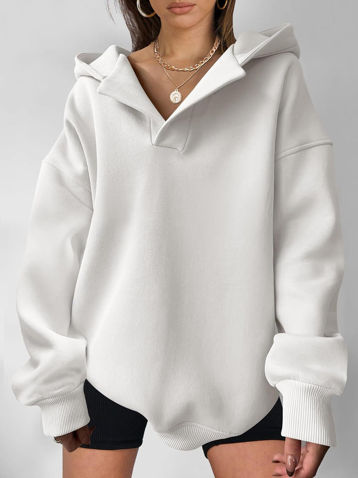 Harlow oversized collared hoodie in white, front view on model