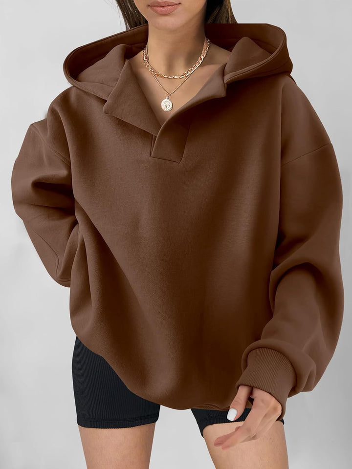 Harlow oversized collared hoodie in brown, front view on model