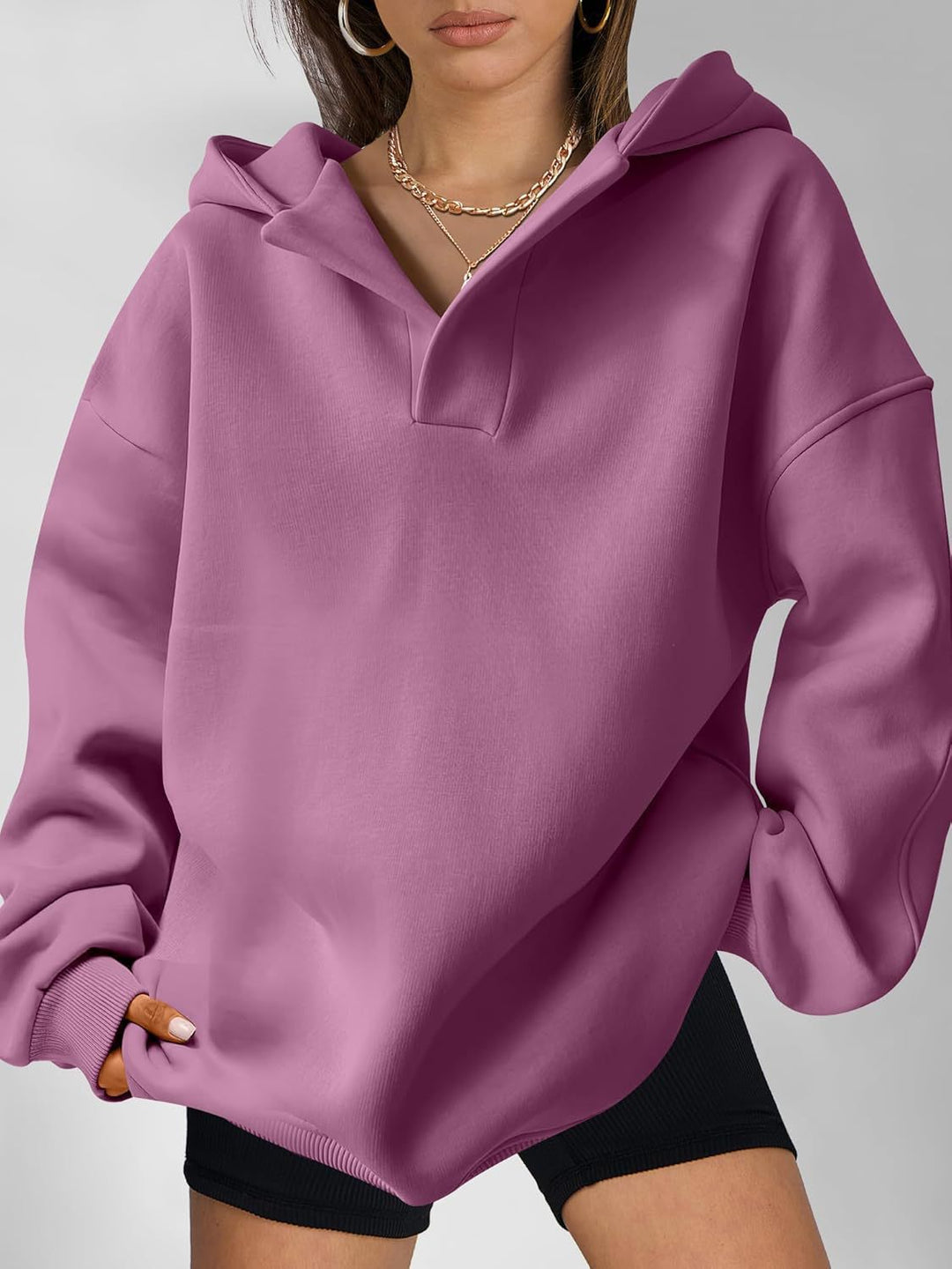 Harlow oversized collared hoodie in mauve pink, front view on model