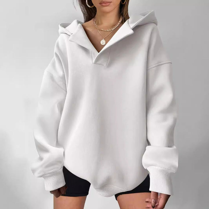 Harlow oversized collared V-neck hoodie in white, front view close-up