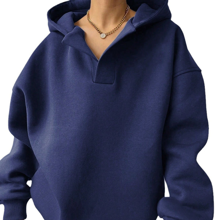 Harlow oversized collared hoodie in dark blue, collar detail close-up