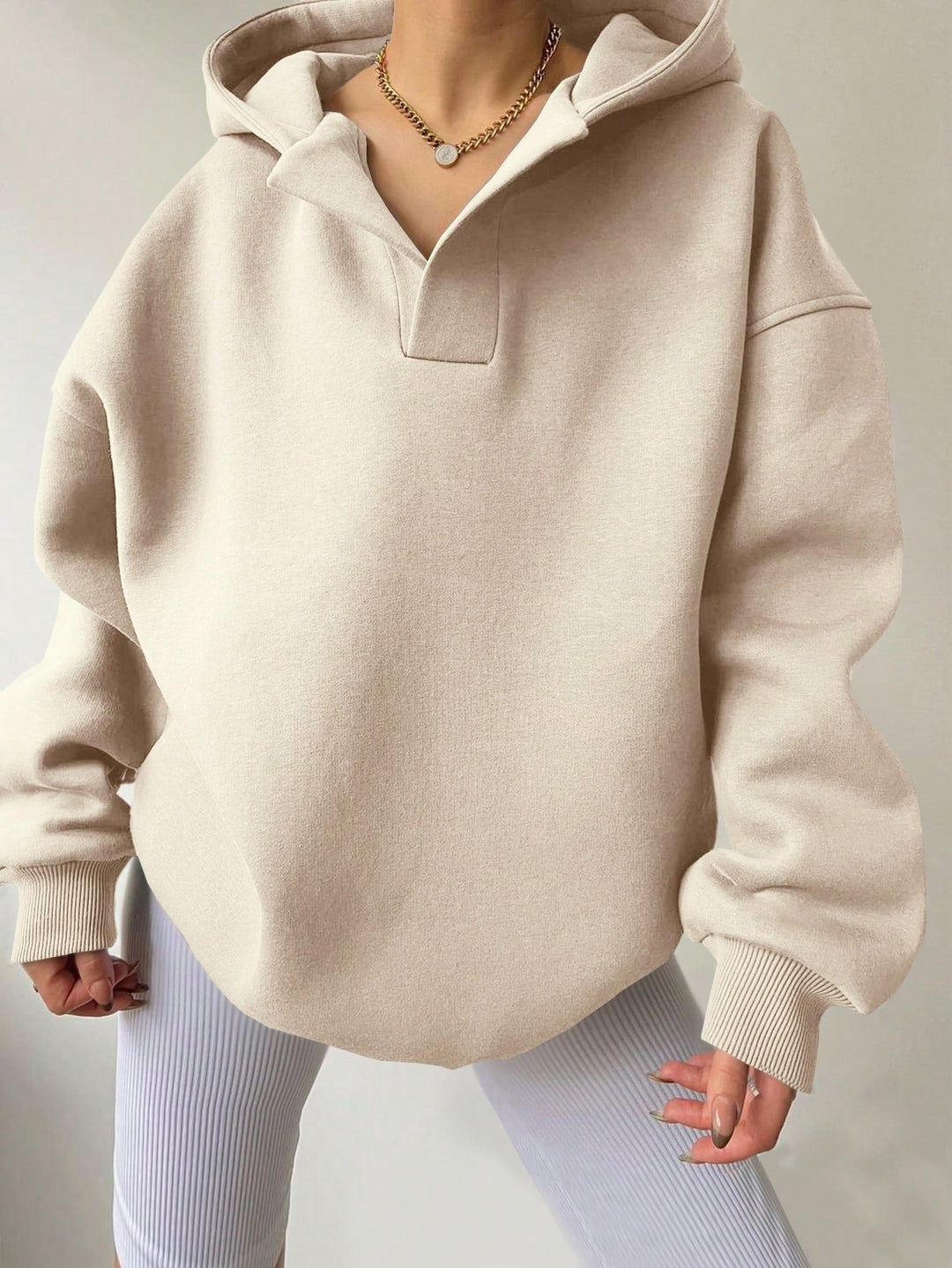 Harlow oversized collared hoodie in beige, front view close-up