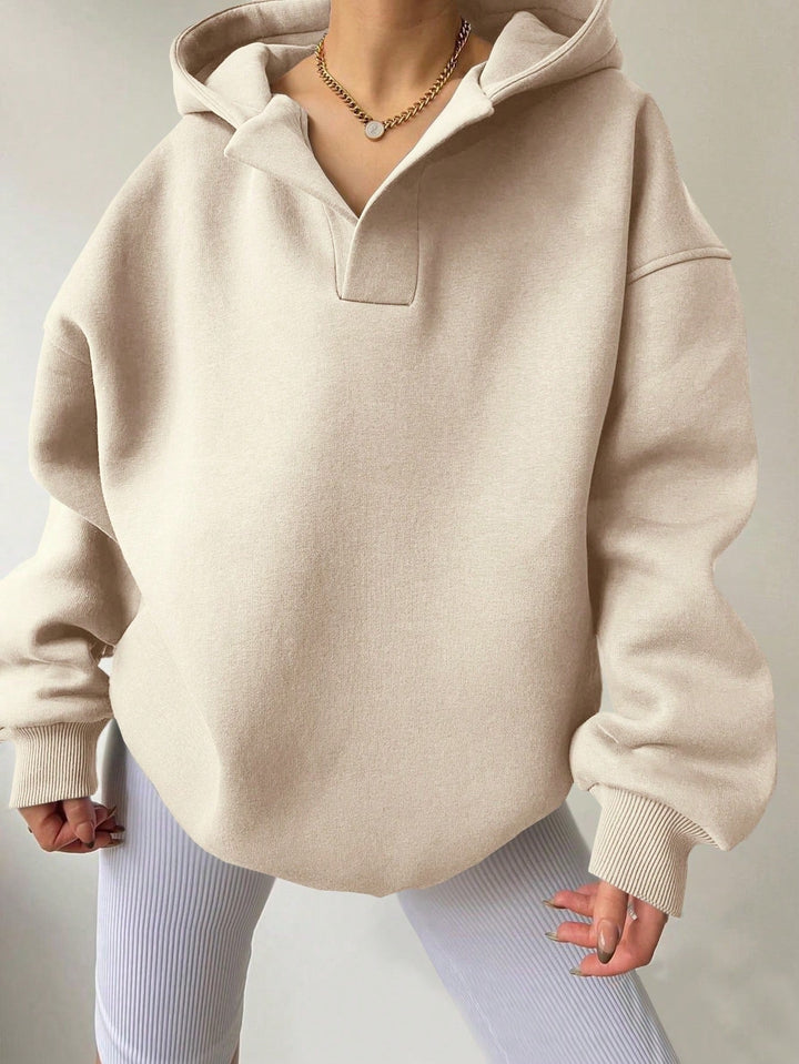 Harlow oversized collared hoodie in beige, front view close-up