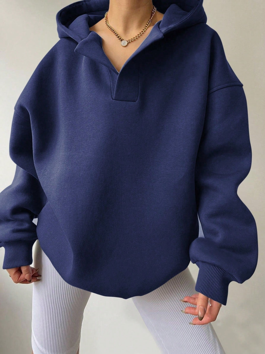 Harlow oversized collared hoodie in dark blue, front view close-up