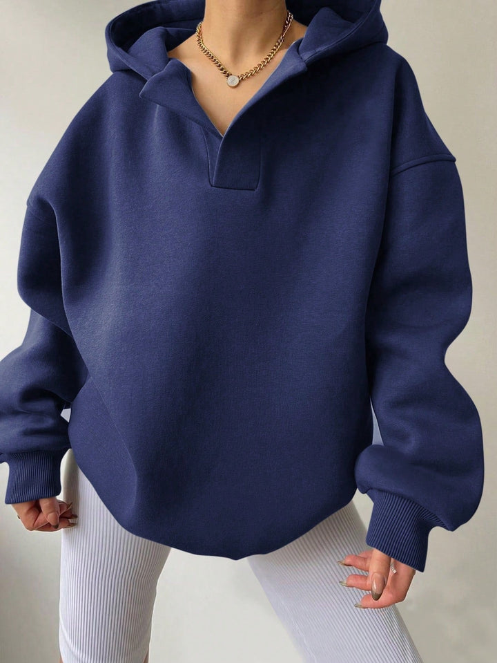 Harlow oversized collared hoodie in dark blue, front view close-up