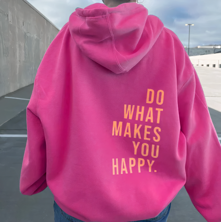 Harlow oversized graphic hoodie in dark pink with orange slogan print, back view