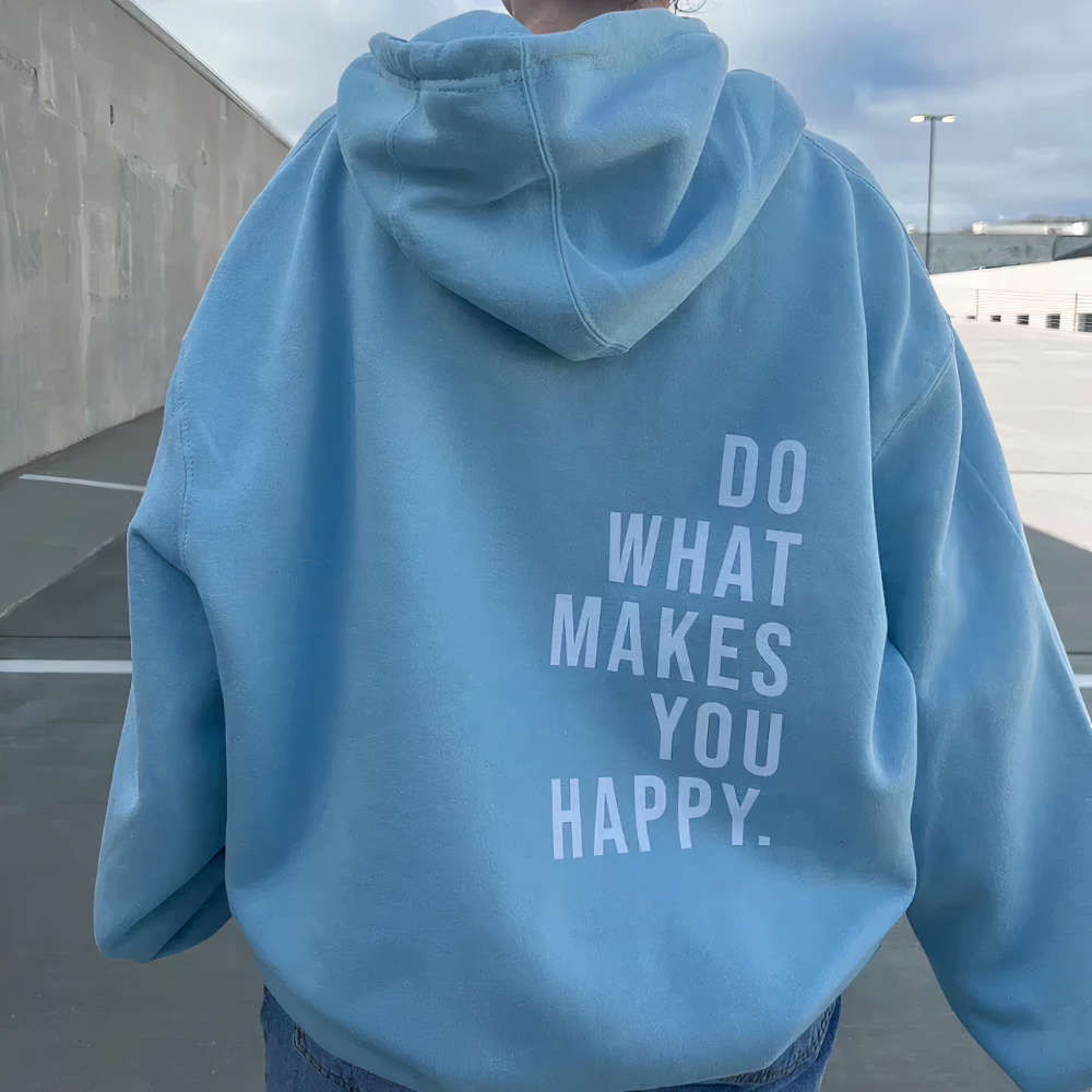 Harlow oversized graphic hoodie in blue with white slogan print, close back view