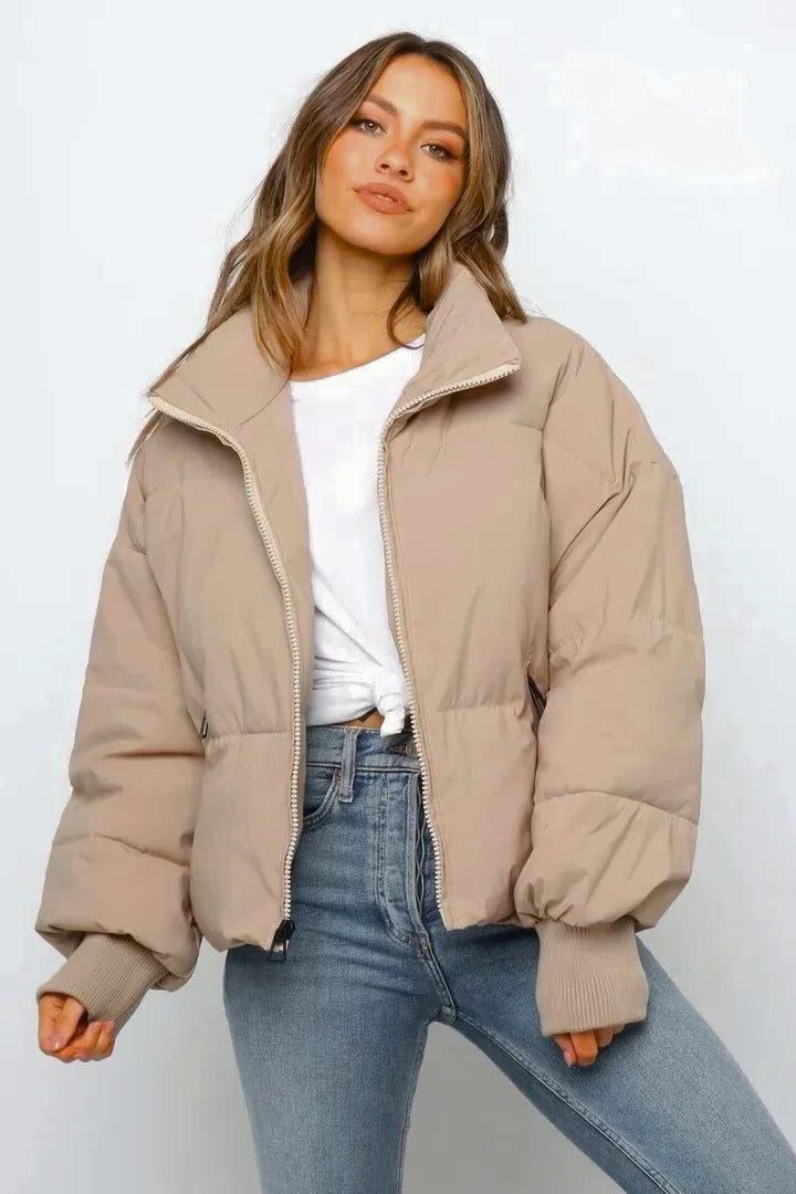 Harlow quilted cropped puffer jacket, front view with zip open