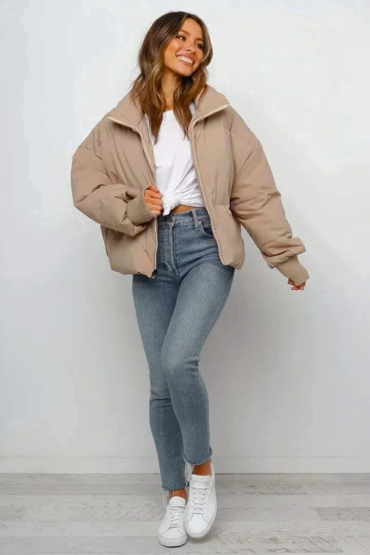 Harlow puffer jacket, full front view with zip half open