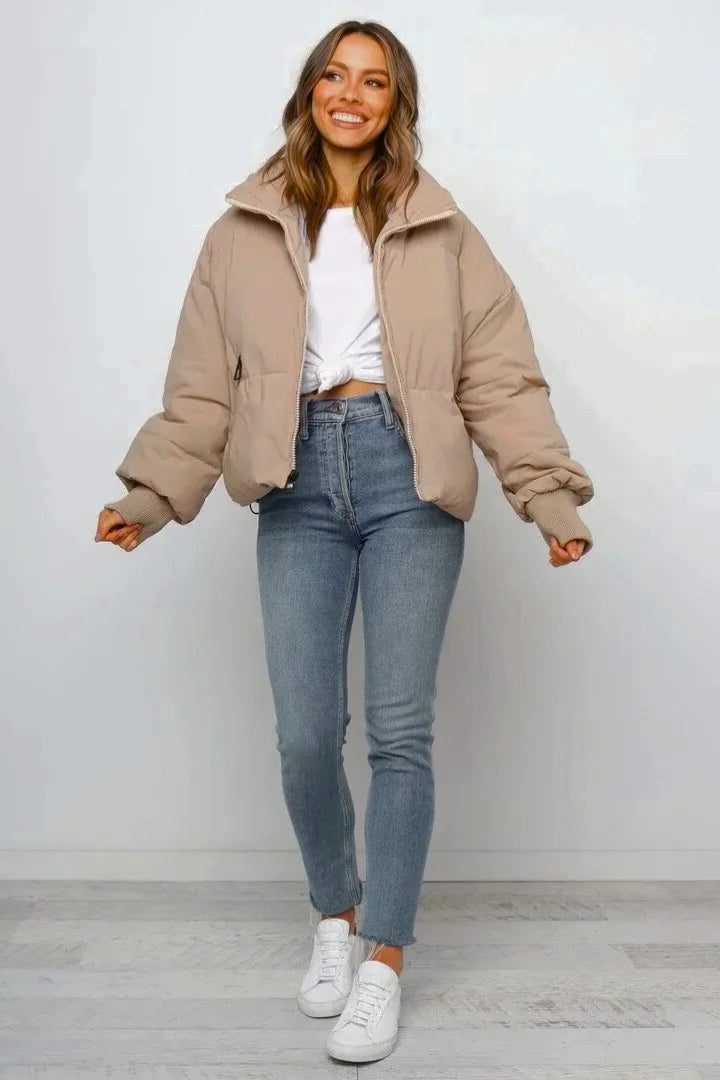 Harlow puffer jacket, full front view with zip half open