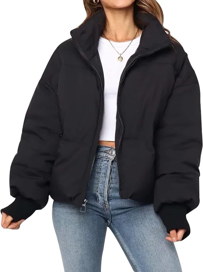 Harlow puffer jacket, full front view with zip half open