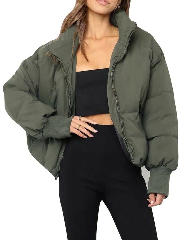 Harlow puffer jacket, full front view with zip half open