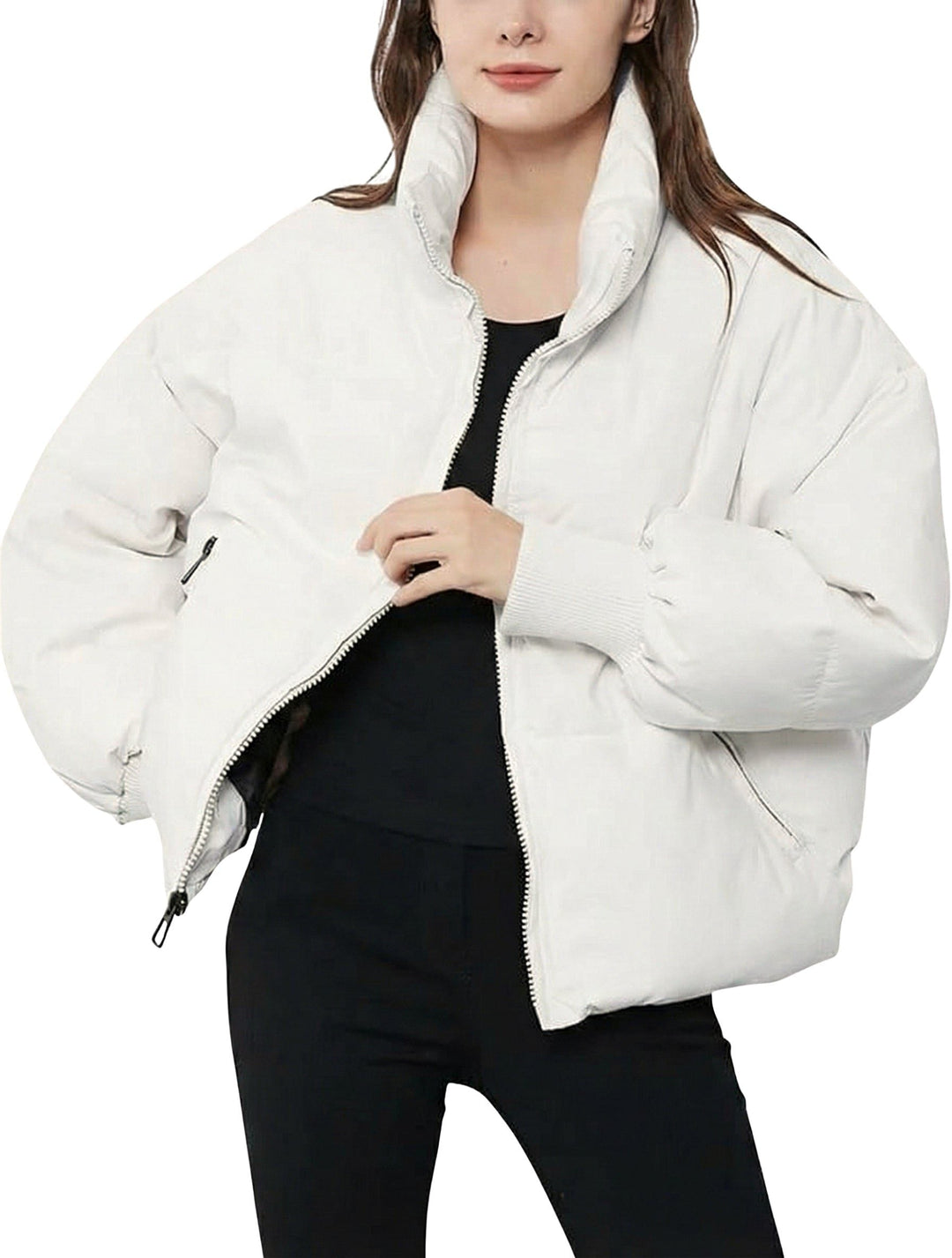 Harlow puffer jacket, full front view with zip half open