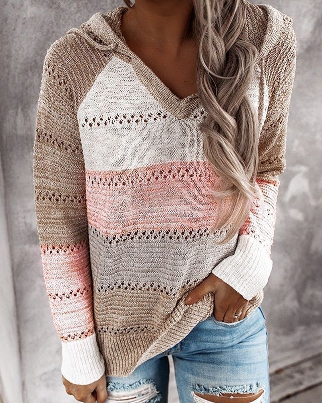 Harlow striped color-block hoodie in tan and pink, front view