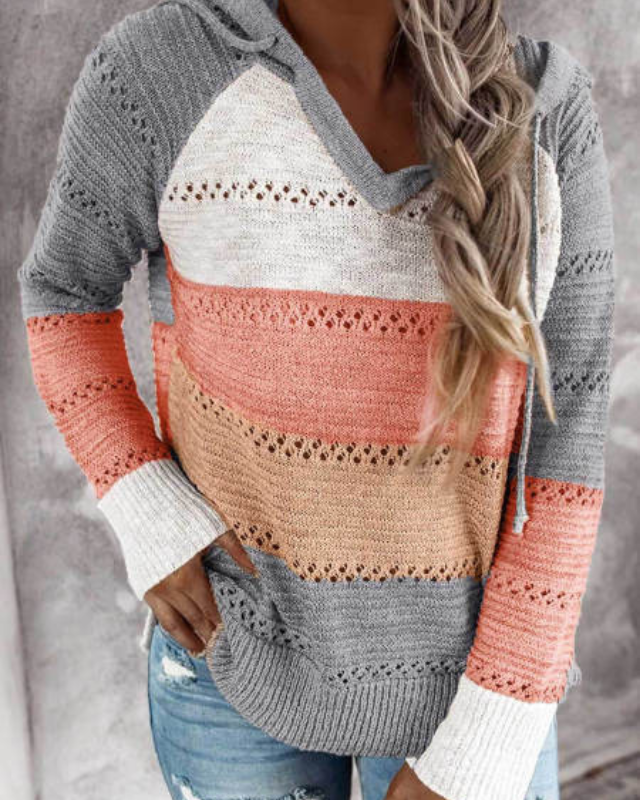 Harlow striped color-block hoodie in gray and coral, front view