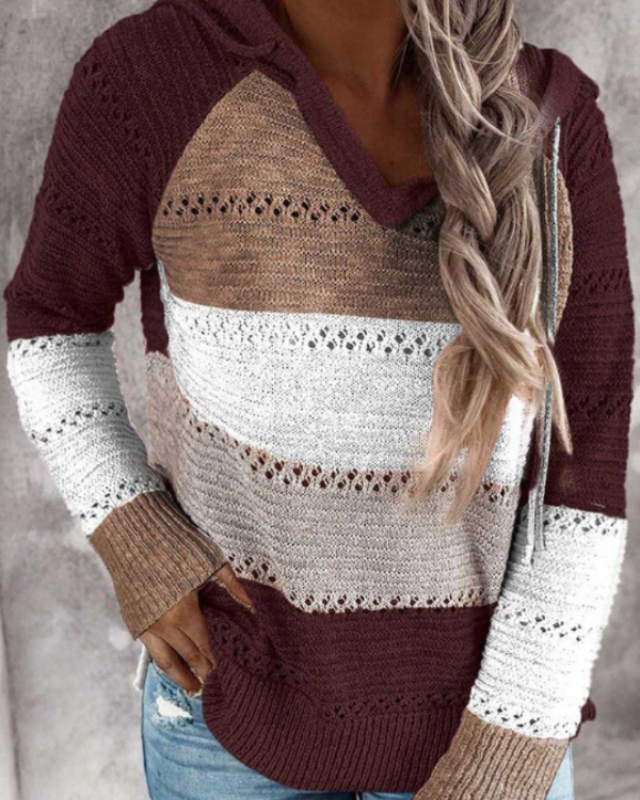 Harlow striped color-block hoodie in burgundy and tan, front view