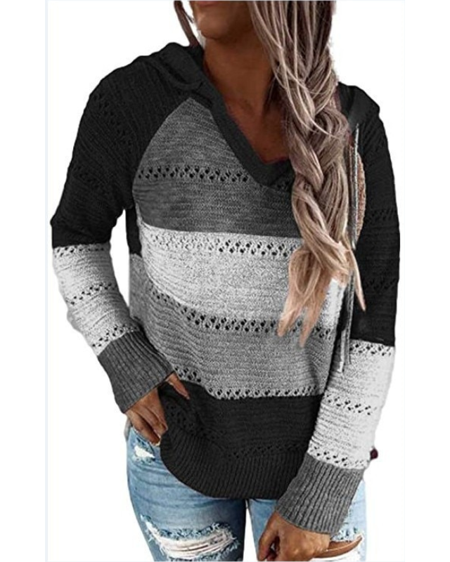 Harlow striped color-block hoodie in black and gray, front view
