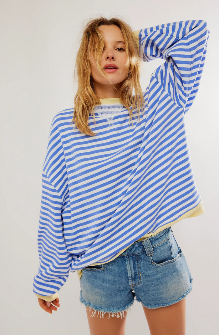 Harlow striped oversized sweatshirt in blue and white, front view with long sleeves