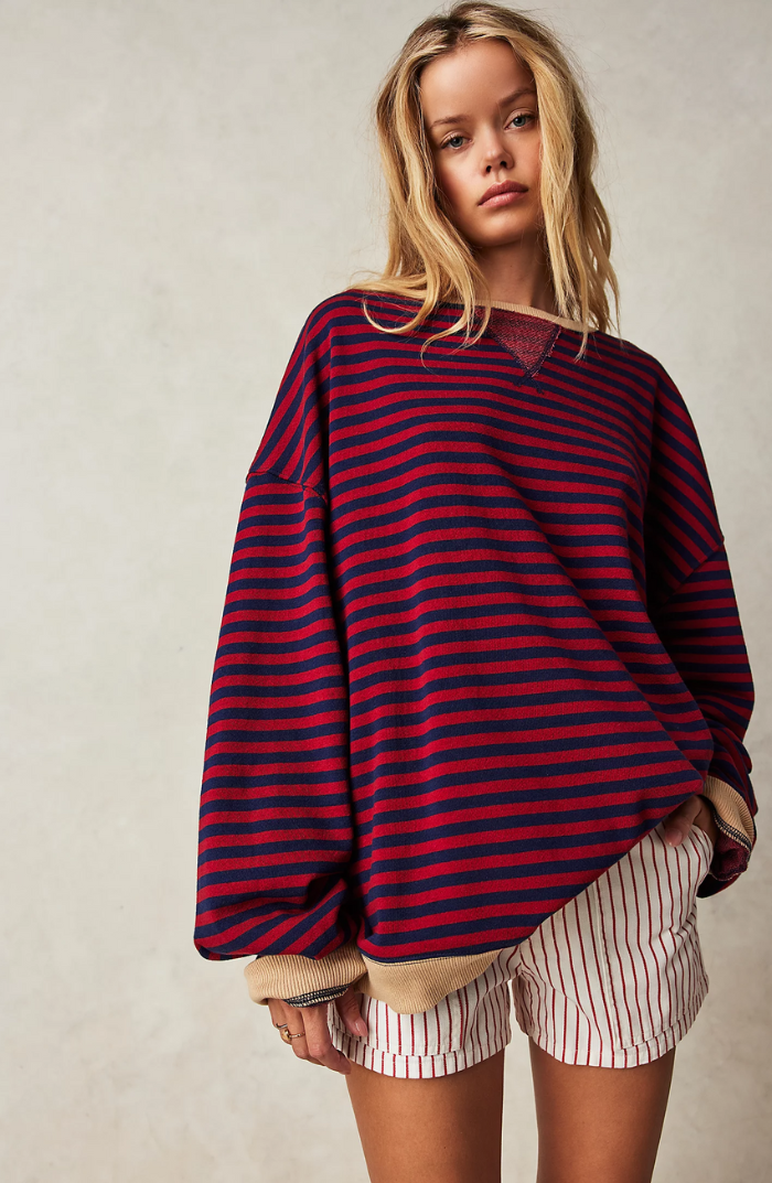 Harlow striped oversized sweatshirt in navy and red, front view with crew neckline