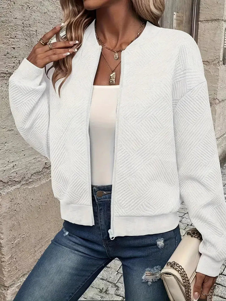 Harlow textured zip-up cropped bomber jacket in white, close-up front view
