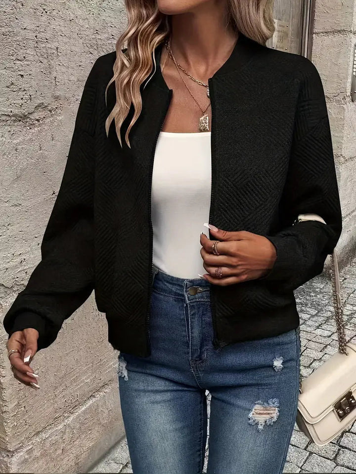 Harlow textured zip-up cropped bomber jacket in black, close-up front view