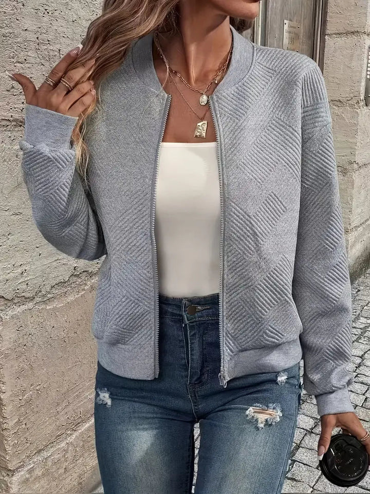 Harlow textured zip-up cropped bomber jacket in gray, front view