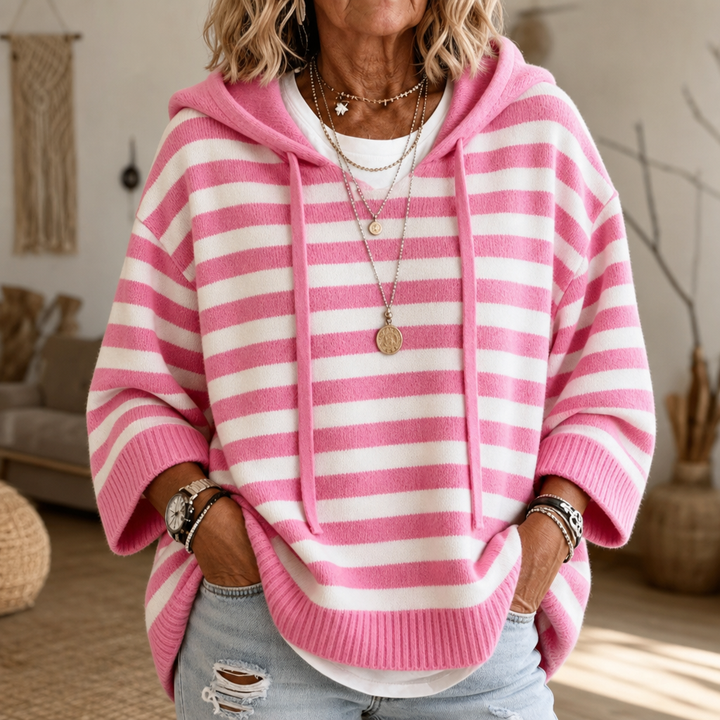 Harlowe oversized striped hooded sweater with drawstring hood, close-up front view