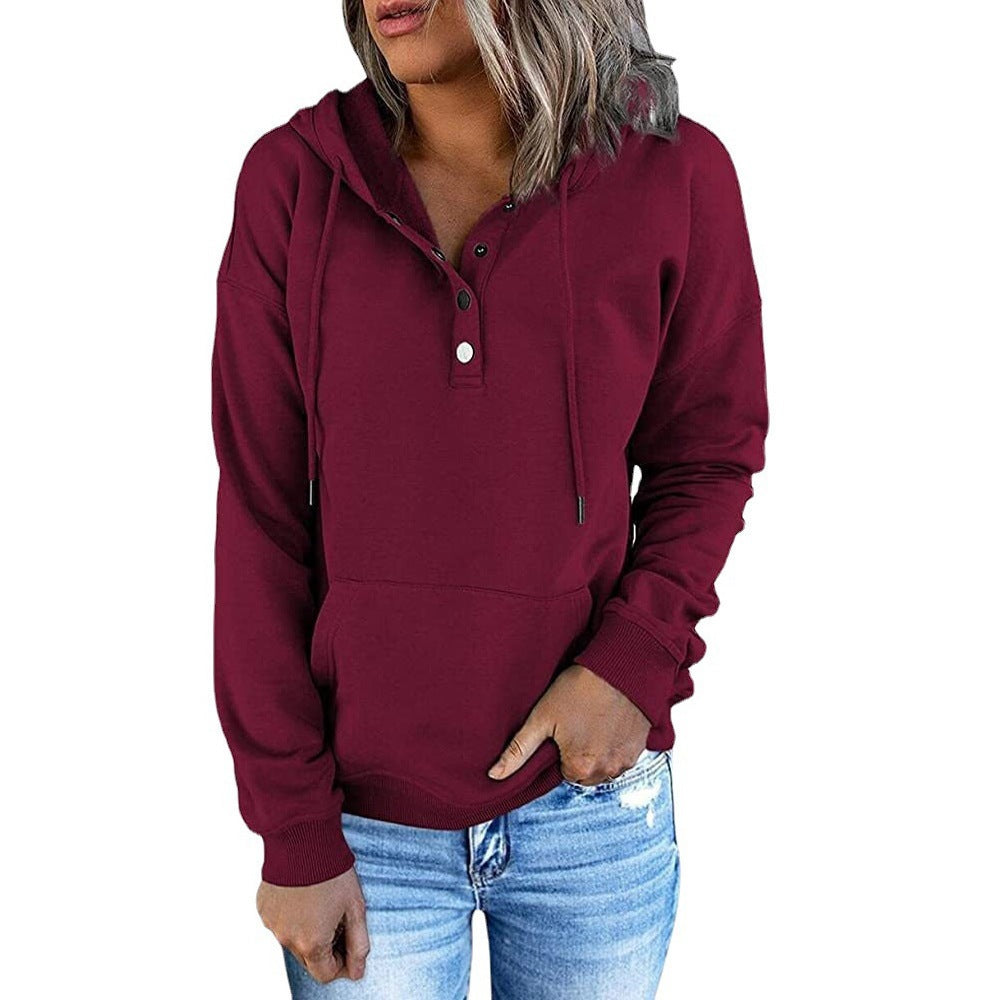 Harper button placket hoodie in wine red, front view