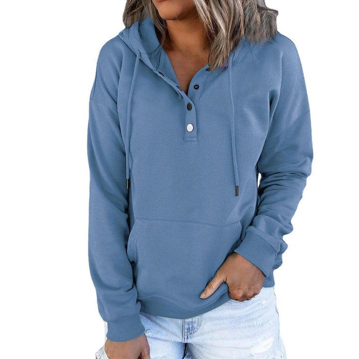 Harper button placket hoodie in blue, front view