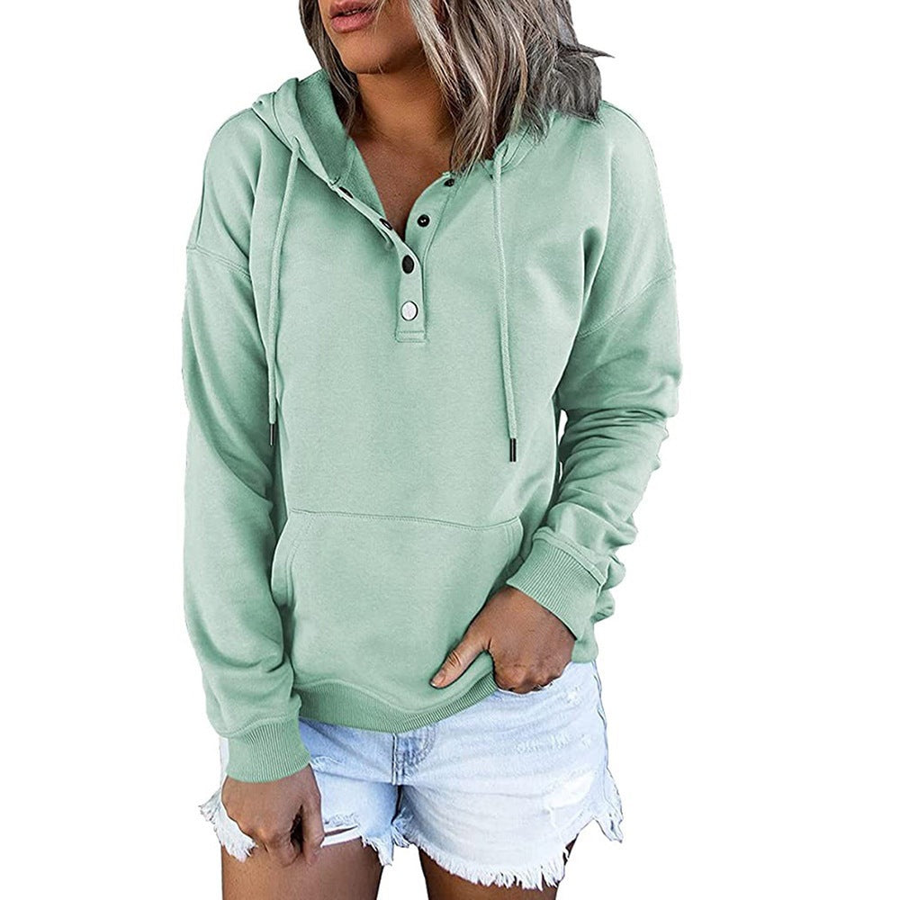 Harper button placket hoodie in green, front view